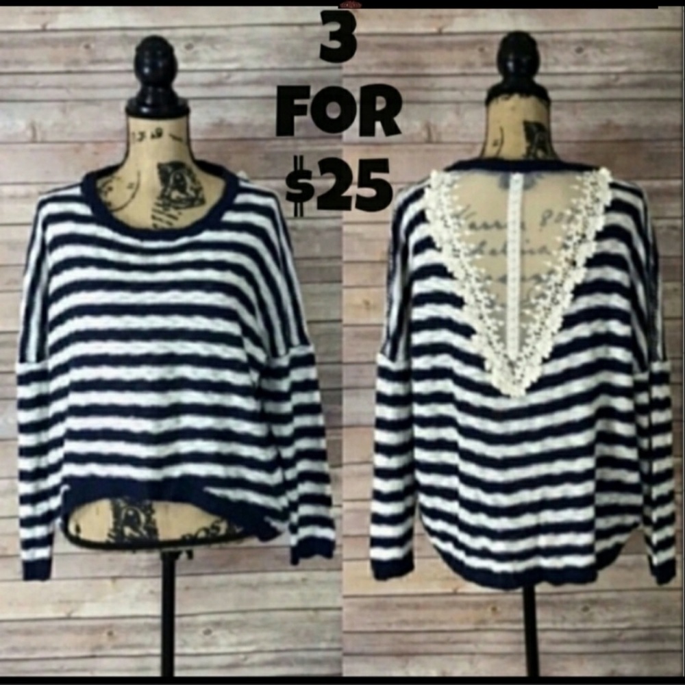 Katsumi Knit Stripe Blue White Mesh Accent Top S/M